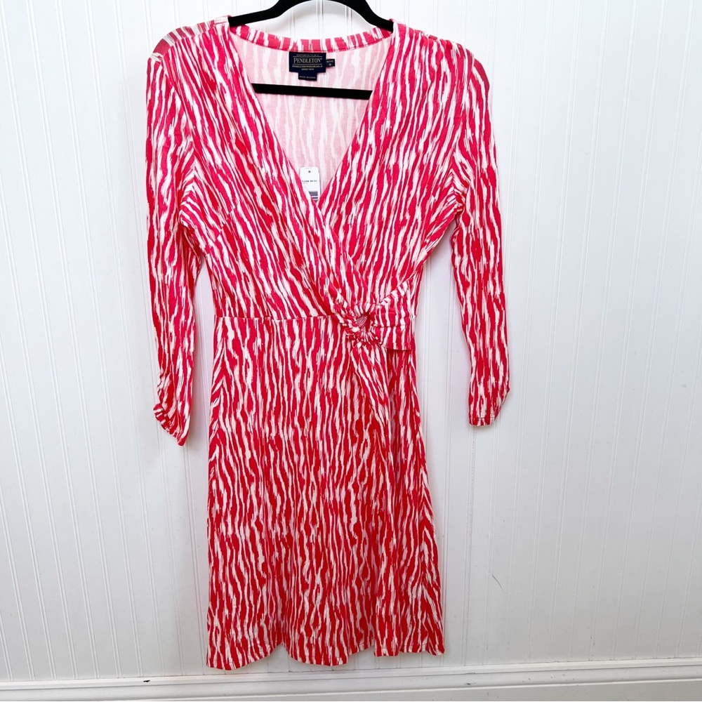 Pendleton NWT Coral & White Wavy Stripes Faux Wrap Breezeway Dress Small Petite